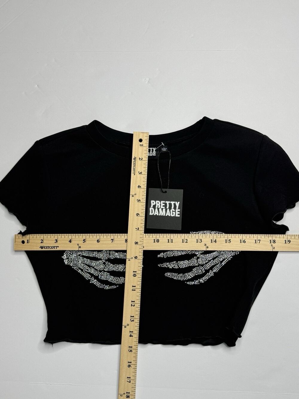 Pretty Damage Women’s L Black Rhinestone Skeleton Hands Crop Top Goth Y2K